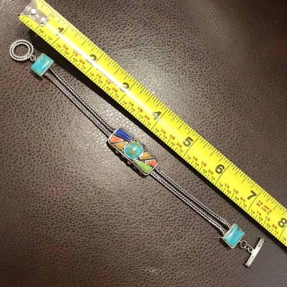 BARSE Sterling Silver Turquoise Coral Lapis Cabochon Thai Weave Toggle Bracelet - Picture 9 of 15